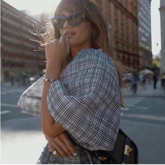 AJE Memento Puff Sleeve Plaid Check Voile Mini Dress in Gray Multi Sz 4 US - Picture 2 of 10